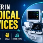 Modern medical devices career thumbnail featuring advanced healthcare equipment, robotic surgery machine, monitor screens, and bold text about jobs, salary, skills, and future scope.