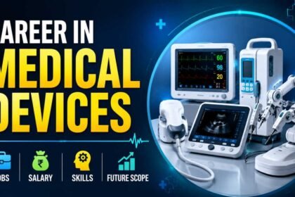 Modern medical devices career thumbnail featuring advanced healthcare equipment, robotic surgery machine, monitor screens, and bold text about jobs, salary, skills, and future scope.