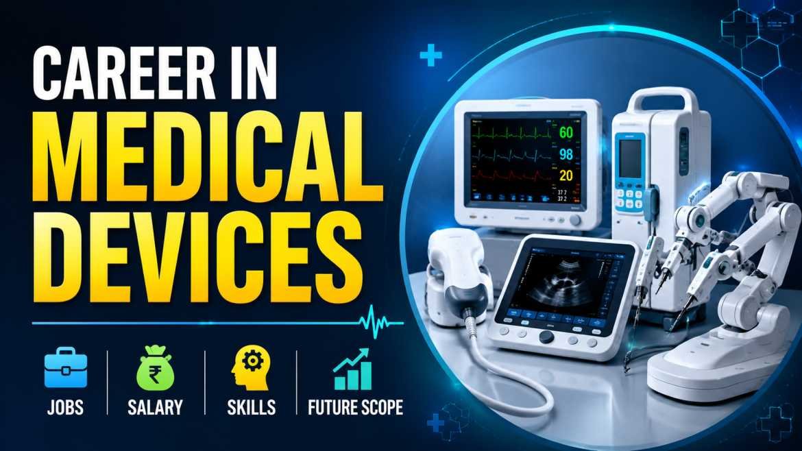 Modern medical devices career thumbnail featuring advanced healthcare equipment, robotic surgery machine, monitor screens, and bold text about jobs, salary, skills, and future scope.