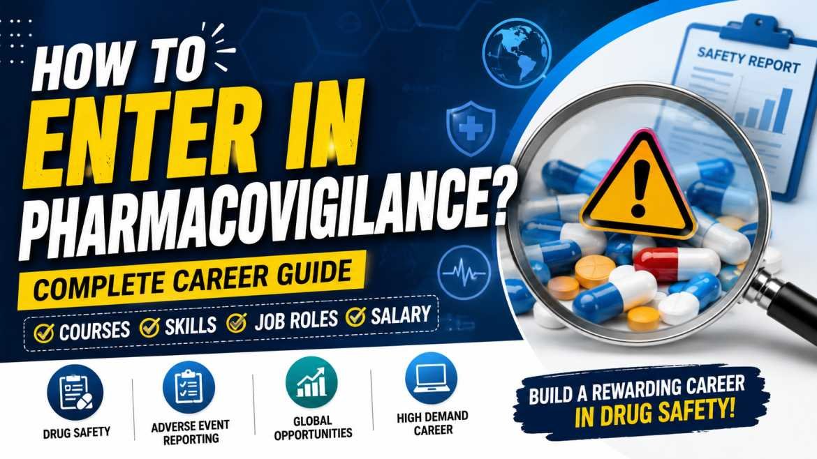Professional pharmacovigilance blog thumbnail with medical safety icons, medicine graphics, and modern healthcare design
