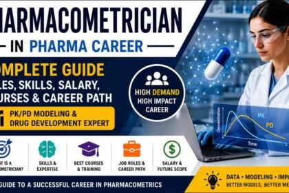 Pharmacometrician in Pharma Career complete guide thumbnail showing PK/PD modeling, drug development, salary, skills, courses, and career path with scientist working in laboratory.