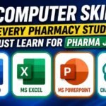 Thumbnail showing the 4 essential computer skills for pharmacy students with MS Word, MS Excel, MS PowerPoint, and ChatGPT AI tool logos on a blue professional background.