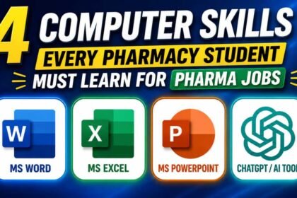 Thumbnail showing the 4 essential computer skills for pharmacy students with MS Word, MS Excel, MS PowerPoint, and ChatGPT AI tool logos on a blue professional background.