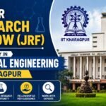 Professional 16:9 thumbnail for a Junior Research Fellow (JRF) opportunity in Chemical Engineering at IIT Kharagpur, featuring the IIT Kharagpur campus, institute logo, chemical engineering plant structures, and bold blue-yellow typography highlighting the research fellowship opportunity.