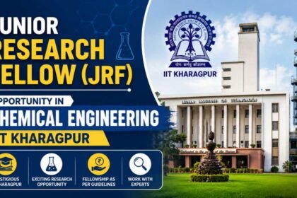 Professional 16:9 thumbnail for a Junior Research Fellow (JRF) opportunity in Chemical Engineering at IIT Kharagpur, featuring the IIT Kharagpur campus, institute logo, chemical engineering plant structures, and bold blue-yellow typography highlighting the research fellowship opportunity.