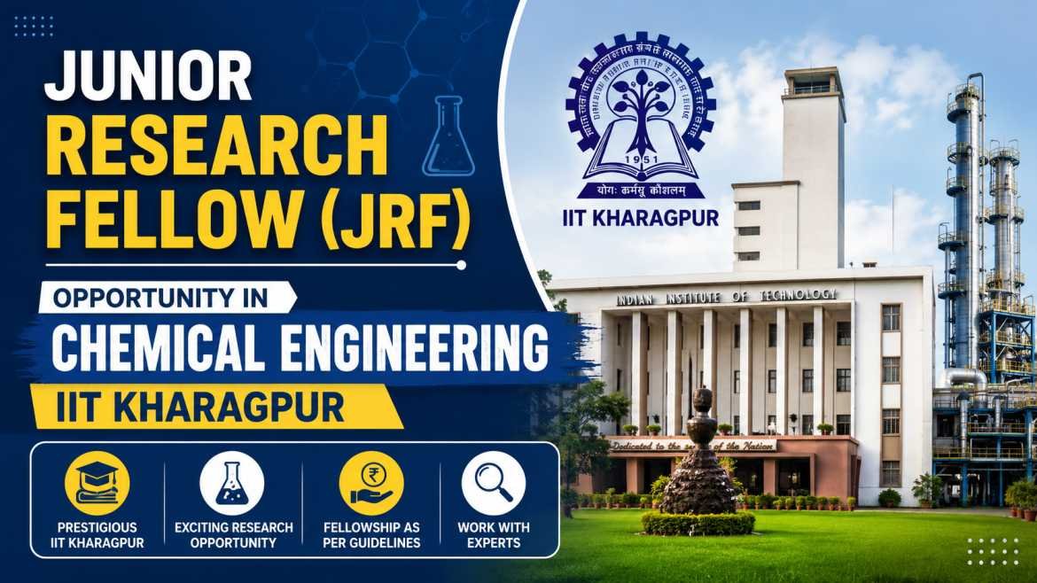 Professional 16:9 thumbnail for a Junior Research Fellow (JRF) opportunity in Chemical Engineering at IIT Kharagpur, featuring the IIT Kharagpur campus, institute logo, chemical engineering plant structures, and bold blue-yellow typography highlighting the research fellowship opportunity.