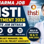 Professional THSTI Recruitment 2026 thumbnail featuring a healthcare professional, THSTI logo, pharma job highlights, walk-in interview dates, and recruitment details in a bold blue and yellow design.