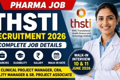 Professional THSTI Recruitment 2026 thumbnail featuring a healthcare professional, THSTI logo, pharma job highlights, walk-in interview dates, and recruitment details in a bold blue and yellow design.