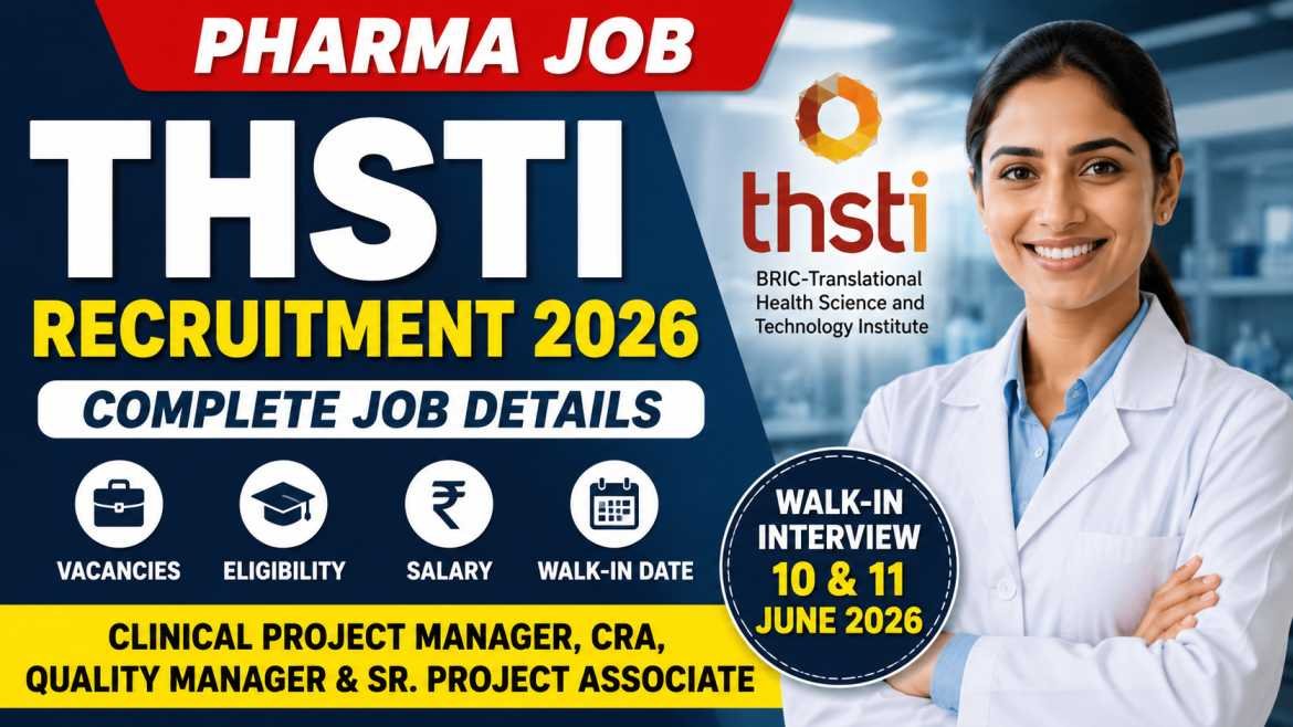 Professional THSTI Recruitment 2026 thumbnail featuring a healthcare professional, THSTI logo, pharma job highlights, walk-in interview dates, and recruitment details in a bold blue and yellow design.