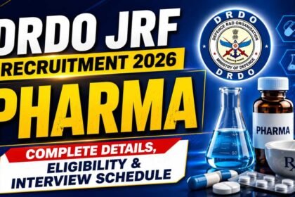 DRDO JRF Recruitment 2026 pharma thumbnail featuring DRDO logo, medicine bottle, lab flask, tablets, and bold text about eligibility and interview schedule.