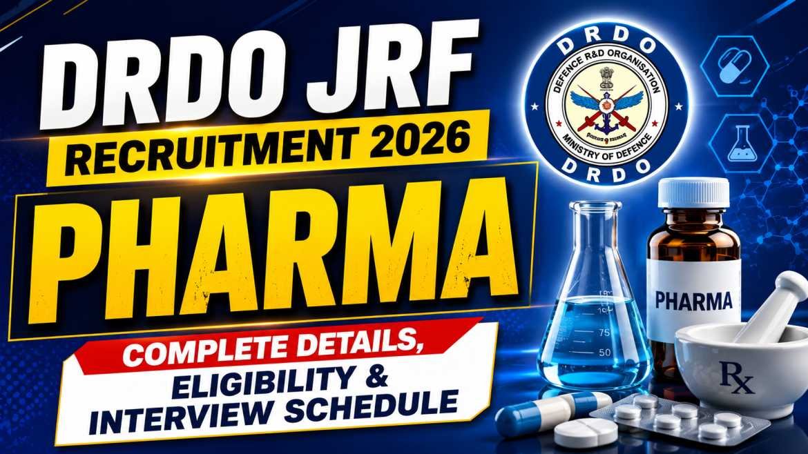 DRDO JRF Recruitment 2026 pharma thumbnail featuring DRDO logo, medicine bottle, lab flask, tablets, and bold text about eligibility and interview schedule.