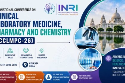 rofessional conference thumbnail for the International Conference on Clinical Laboratory Medicine, Pharmacy and Chemistry (ICCLMPC-26) featuring medical laboratory visuals, scientific equipment, Kolkata landmark imagery, and modern blue-themed healthcare design.