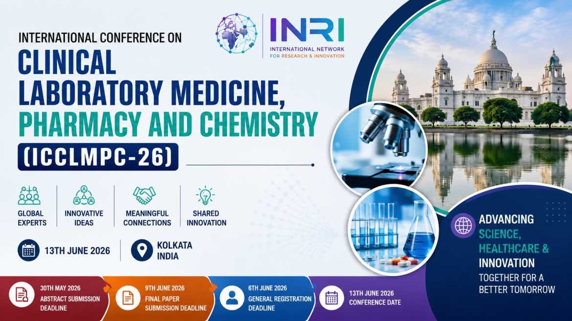 rofessional conference thumbnail for the International Conference on Clinical Laboratory Medicine, Pharmacy and Chemistry (ICCLMPC-26) featuring medical laboratory visuals, scientific equipment, Kolkata landmark imagery, and modern blue-themed healthcare design.