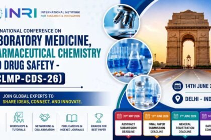 Professional 16:9 conference blog thumbnail for the International Conference on Laboratory Medicine, Pharmaceutical Chemistry and Drug Safety (ICLMP-CDS-26) featuring laboratory equipment, pharmaceutical research visuals, India Gate in Delhi, and a modern healthcare-themed design.