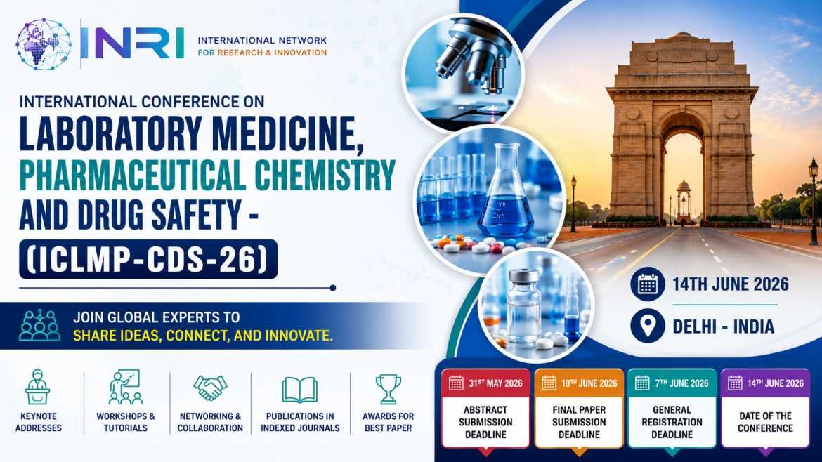 Professional 16:9 conference blog thumbnail for the International Conference on Laboratory Medicine, Pharmaceutical Chemistry and Drug Safety (ICLMP-CDS-26) featuring laboratory equipment, pharmaceutical research visuals, India Gate in Delhi, and a modern healthcare-themed design.