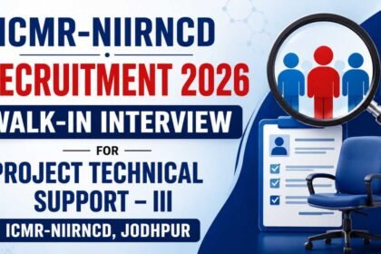 Professional 16:9 recruitment blog thumbnail for ICMR-NIIRNCD Recruitment 2026 featuring walk-in interview announcement, Project Technical Support III hiring details, recruitment icons, and modern blue-themed government job design.