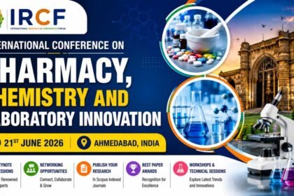Eye-catching 16:9 conference blog thumbnail for the International Conference on Pharmacy, Chemistry and Laboratory Innovation (ICPCLI-26) featuring laboratory equipment, pharmaceutical research visuals, chemistry glassware, Ahmedabad landmark imagery, and a modern scientific conference design.