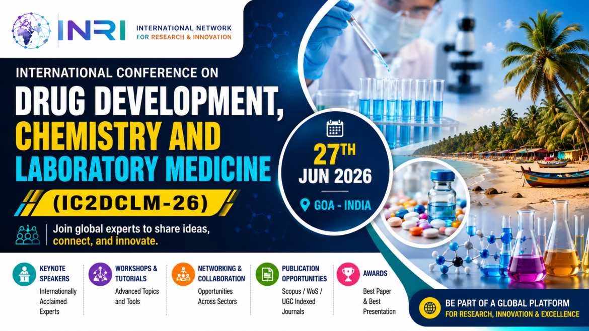 Colorful 16:9 conference blog thumbnail for the International Conference on Drug Development, Chemistry and Laboratory Medicine (IC2DCLM-26) featuring laboratory research visuals, pharmaceutical science elements, Goa beach scenery, medical equipment, and modern scientific conference branding.