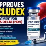 FDA approves Hepcludex as the first-ever treatment for chronic Hepatitis Delta (HDV), featuring a medical vial, syringe, liver illustration, and FDA approval badge in a blue healthcare-themed background.
