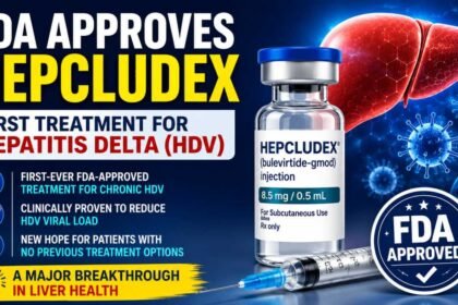 FDA approves Hepcludex as the first-ever treatment for chronic Hepatitis Delta (HDV), featuring a medical vial, syringe, liver illustration, and FDA approval badge in a blue healthcare-themed background.