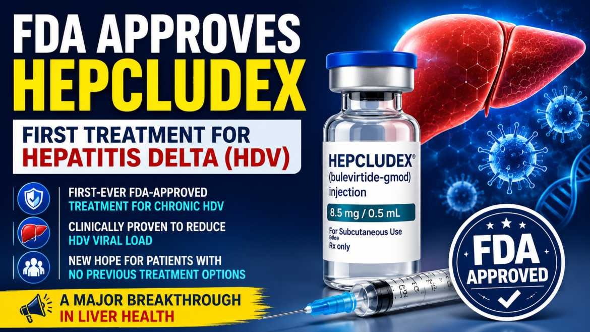 FDA approves Hepcludex as the first-ever treatment for chronic Hepatitis Delta (HDV), featuring a medical vial, syringe, liver illustration, and FDA approval badge in a blue healthcare-themed background.
