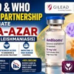 Thumbnail highlighting the expanded partnership between Gilead Sciences and the World Health Organization to eliminate kala-azar (visceral leishmaniasis), featuring an AmBisome vial, sandfly illustration, world map, and global health messaging.