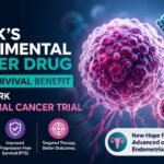 Medical illustration highlighting Merck’s experimental cancer drug sacituzumab tirumotecan (sac-TMT) showing survival benefits in advanced endometrial cancer trials.