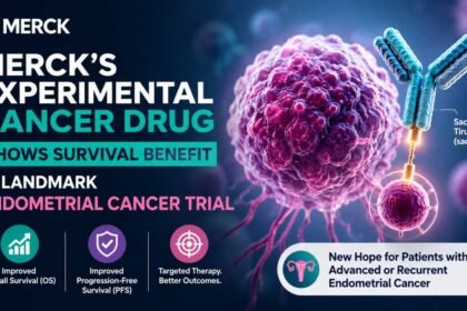 Medical illustration highlighting Merck’s experimental cancer drug sacituzumab tirumotecan (sac-TMT) showing survival benefits in advanced endometrial cancer trials.