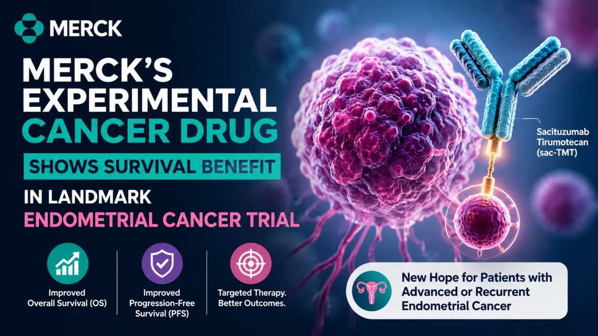 Medical illustration highlighting Merck’s experimental cancer drug sacituzumab tirumotecan (sac-TMT) showing survival benefits in advanced endometrial cancer trials.