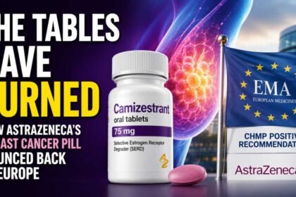 Thumbnail featuring AstraZeneca’s breast cancer drug Camizestrant with EMA approval visuals, breast cancer imagery, and bold text highlighting the drug’s regulatory comeback in Europe.