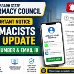 Important notice thumbnail by Chhattisgarh State Pharmacy Council about mandatory update of pharmacists’ mobile number and email ID with online update link and official notice document.
