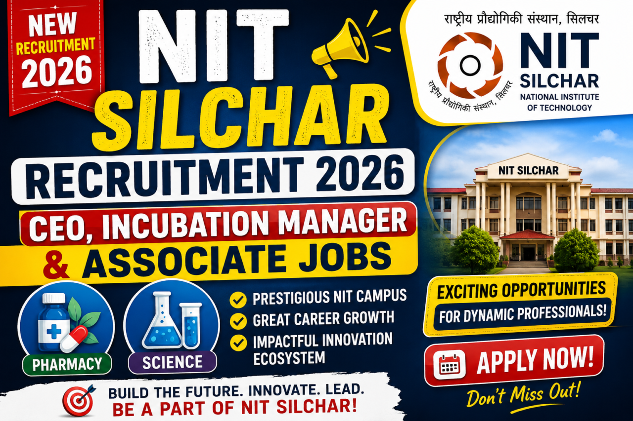 Colorful recruitment thumbnail for NIT Silchar Recruitment 2026 featuring CEO, Incubation Manager, and Associate job openings for Pharmacy and Science candidates with NIT Silchar logo, campus building, and bold “Apply Now” text.
