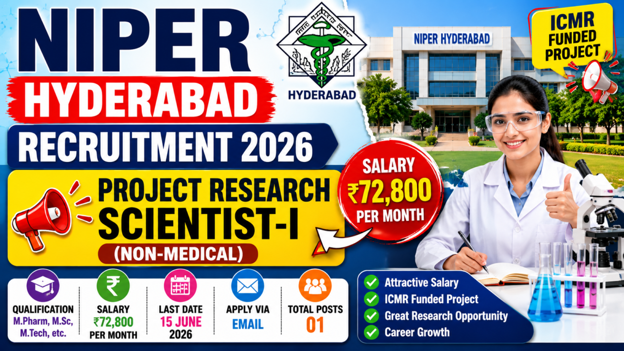 NIPER Hyderabad Recruitment 2026 thumbnail featuring Project Research Scientist-I (Non-Medical) vacancy, ₹72,800 salary, ICMR funded project, scientist image, and NIPER campus in 16:9 format.