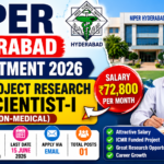 NIPER Hyderabad Recruitment 2026 thumbnail featuring Project Research Scientist-I (Non-Medical) vacancy, ₹72,800 salary, ICMR funded project, scientist image, and NIPER campus in 16:9 format.