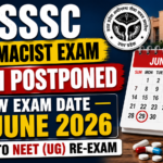 Promotional graphic announcing that the UPSSSC Pharmacist Exam has been postponed, with the new exam date set for 29 June 2026 due to the NEET (UG) re-exam. The image includes the UPSSSC logo, a calendar marked on June 29, 2026, and pharmacy-related items like medicine bottles and capsules.