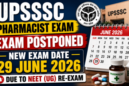 Promotional graphic announcing that the UPSSSC Pharmacist Exam has been postponed, with the new exam date set for 29 June 2026 due to the NEET (UG) re-exam. The image includes the UPSSSC logo, a calendar marked on June 29, 2026, and pharmacy-related items like medicine bottles and capsules.