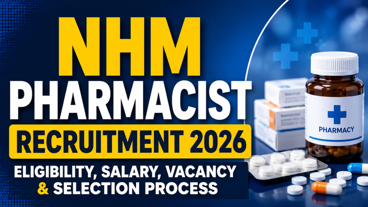 NHM Pharmacist Recruitment 2026 thumbnail featuring pharmacy medicines, pill bottle, tablets, and recruitment information including eligibility, salary, vacancy, and selection process.