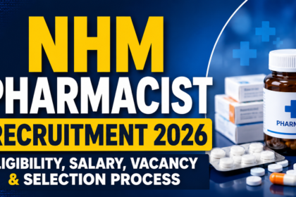 NHM Pharmacist Recruitment 2026 thumbnail featuring pharmacy medicines, pill bottle, tablets, and recruitment information including eligibility, salary, vacancy, and selection process.