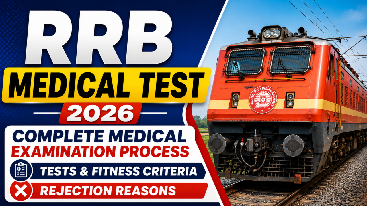 RRB Medical Test 2026 thumbnail featuring an Indian Railways train with information about the complete medical examination process, tests, fitness criteria, and rejection reasons.