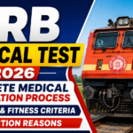 RRB Medical Test 2026 thumbnail featuring an Indian Railways train with information about the complete medical examination process, tests, fitness criteria, and rejection reasons.