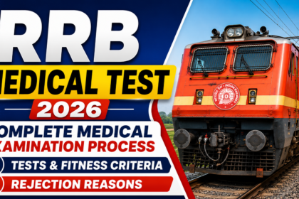 RRB Medical Test 2026 thumbnail featuring an Indian Railways train with information about the complete medical examination process, tests, fitness criteria, and rejection reasons.