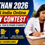 MANTHAN 2026 12th All India Online Essay Contest thumbnail featuring a pharmacy student writing an essay, IIHMR University Jaipur campus background, and information about the national-level essay competition for final-year B.Pharm students.