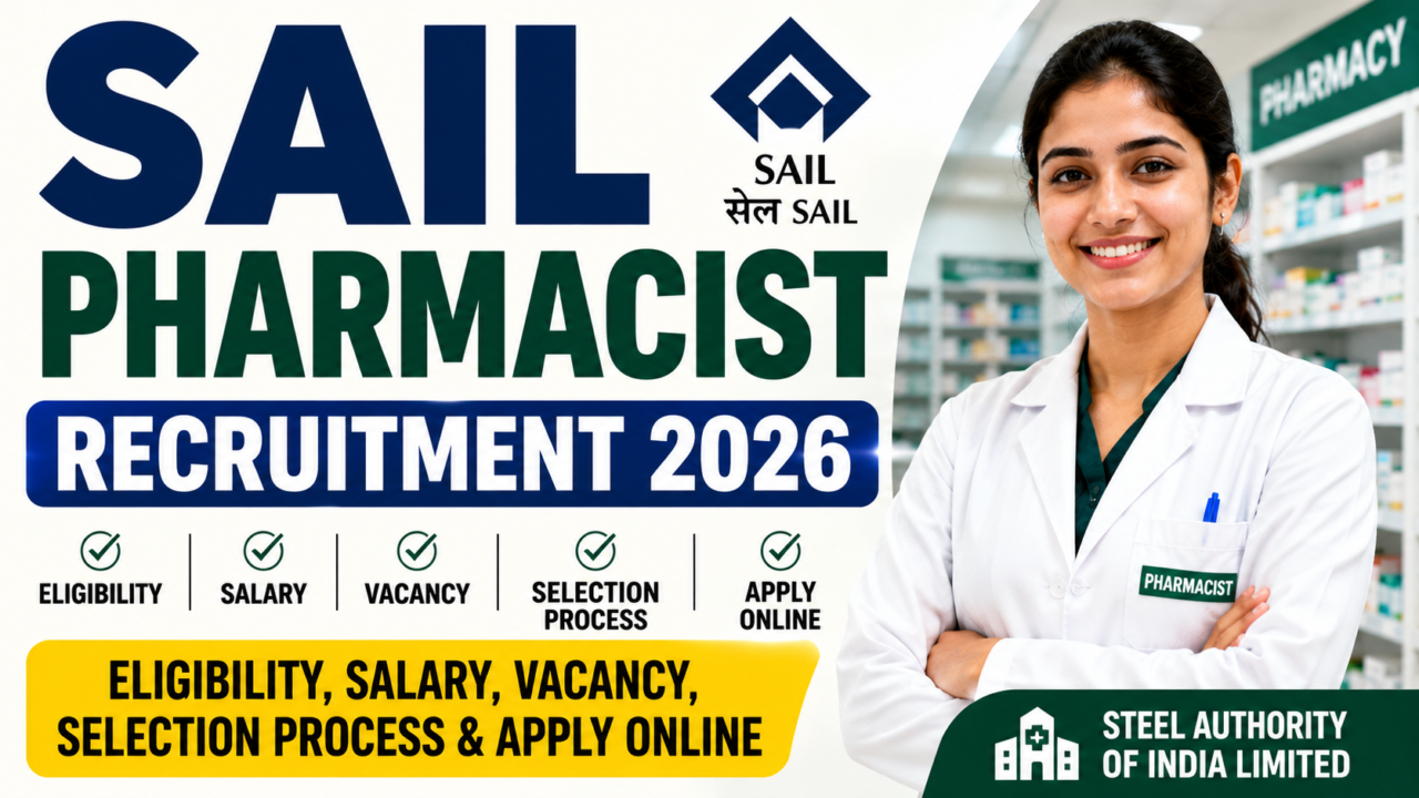 SAIL Pharmacist Recruitment 2026 thumbnail featuring a professional pharmacist in a pharmacy setting with recruitment information related to eligibility, salary, vacancy, selection process, and online application.