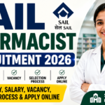 SAIL Pharmacist Recruitment 2026 thumbnail featuring a professional pharmacist in a pharmacy setting with recruitment information related to eligibility, salary, vacancy, selection process, and online application.