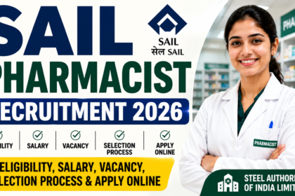 SAIL Pharmacist Recruitment 2026 thumbnail featuring a professional pharmacist in a pharmacy setting with recruitment information related to eligibility, salary, vacancy, selection process, and online application.