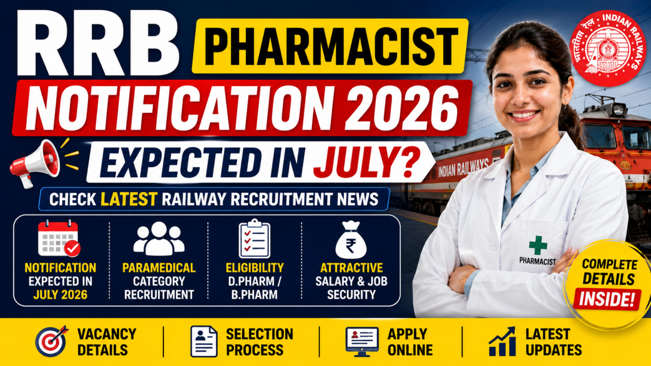 RRB Pharmacist Notification 2026 thumbnail featuring an Indian Railways train and a pharmacist, highlighting the expected RRB Paramedical Pharmacist recruitment notification in July 2026.