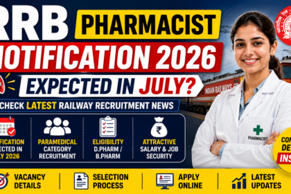 RRB Pharmacist Notification 2026 thumbnail featuring an Indian Railways train and a pharmacist, highlighting the expected RRB Paramedical Pharmacist recruitment notification in July 2026.