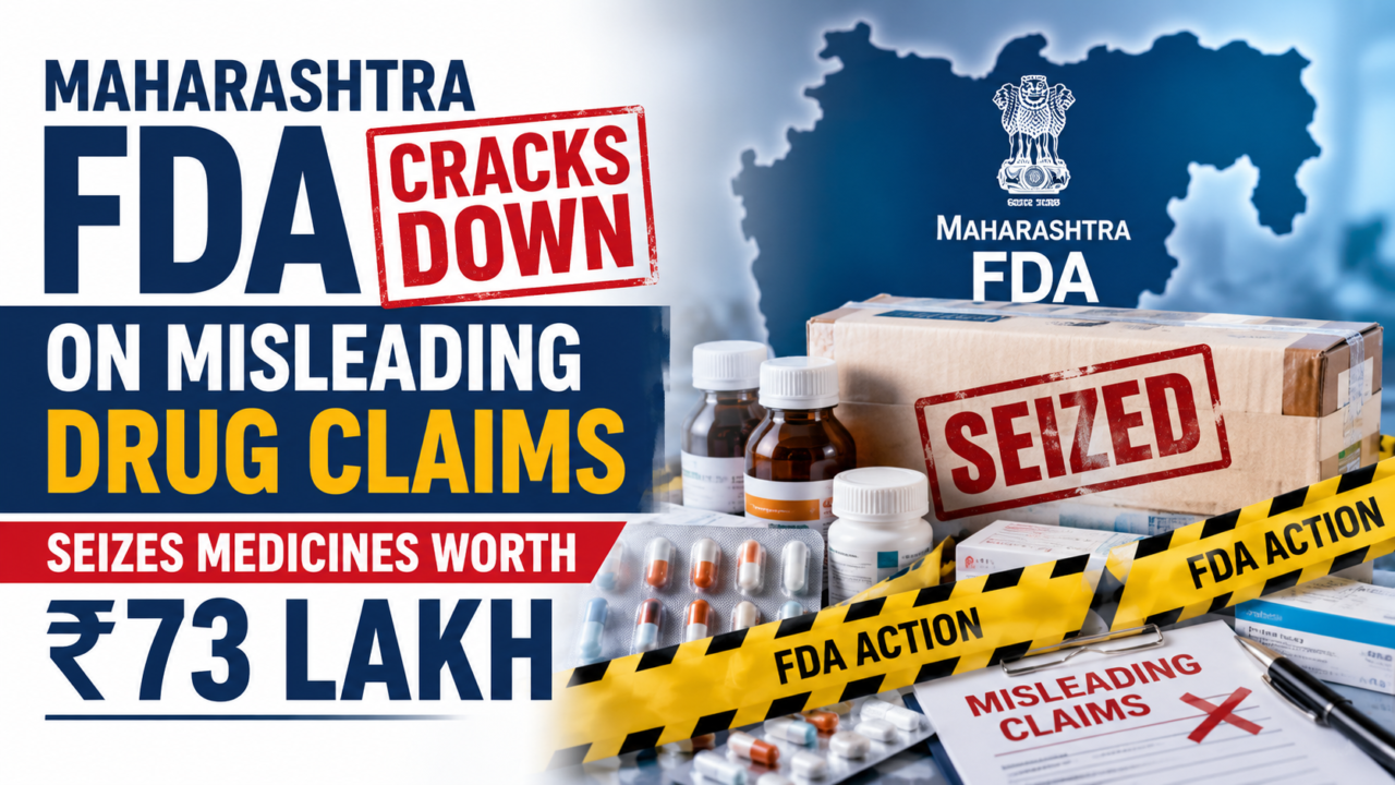News-style thumbnail showing Maharashtra FDA enforcement action against misleading drug claims, featuring seized medicines, regulatory inspection imagery, and a highlighted seizure value of ₹73 lakh.