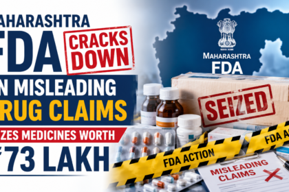 News-style thumbnail showing Maharashtra FDA enforcement action against misleading drug claims, featuring seized medicines, regulatory inspection imagery, and a highlighted seizure value of ₹73 lakh.
