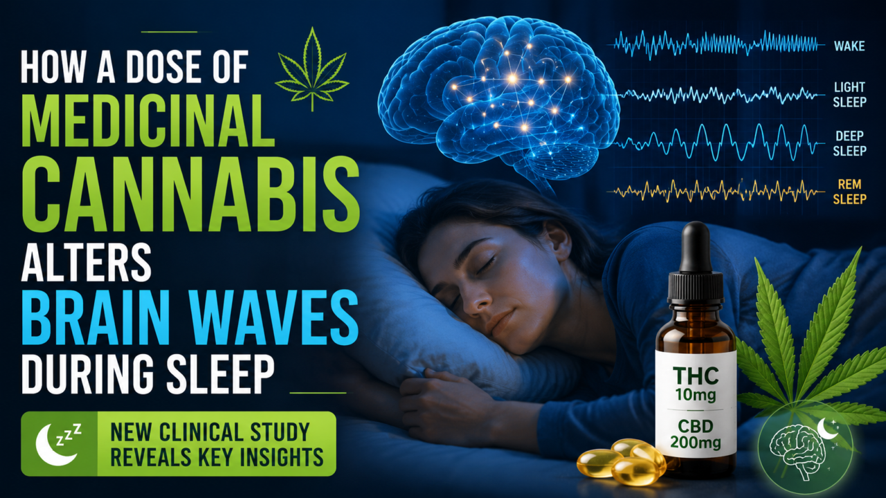 A sleeping woman beneath a glowing brain illustration, surrounded by EEG brainwave patterns and medicinal cannabis imagery, showing how THC and CBD affect sleep stages including REM, deep sleep, and light sleep.
